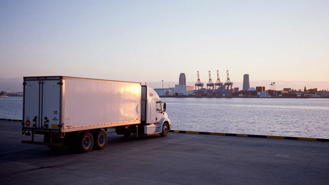 Sunrise Over San Diego Industrial Port with Semi-Trailer and Water Tower Ladder in in San Diego, California, United States