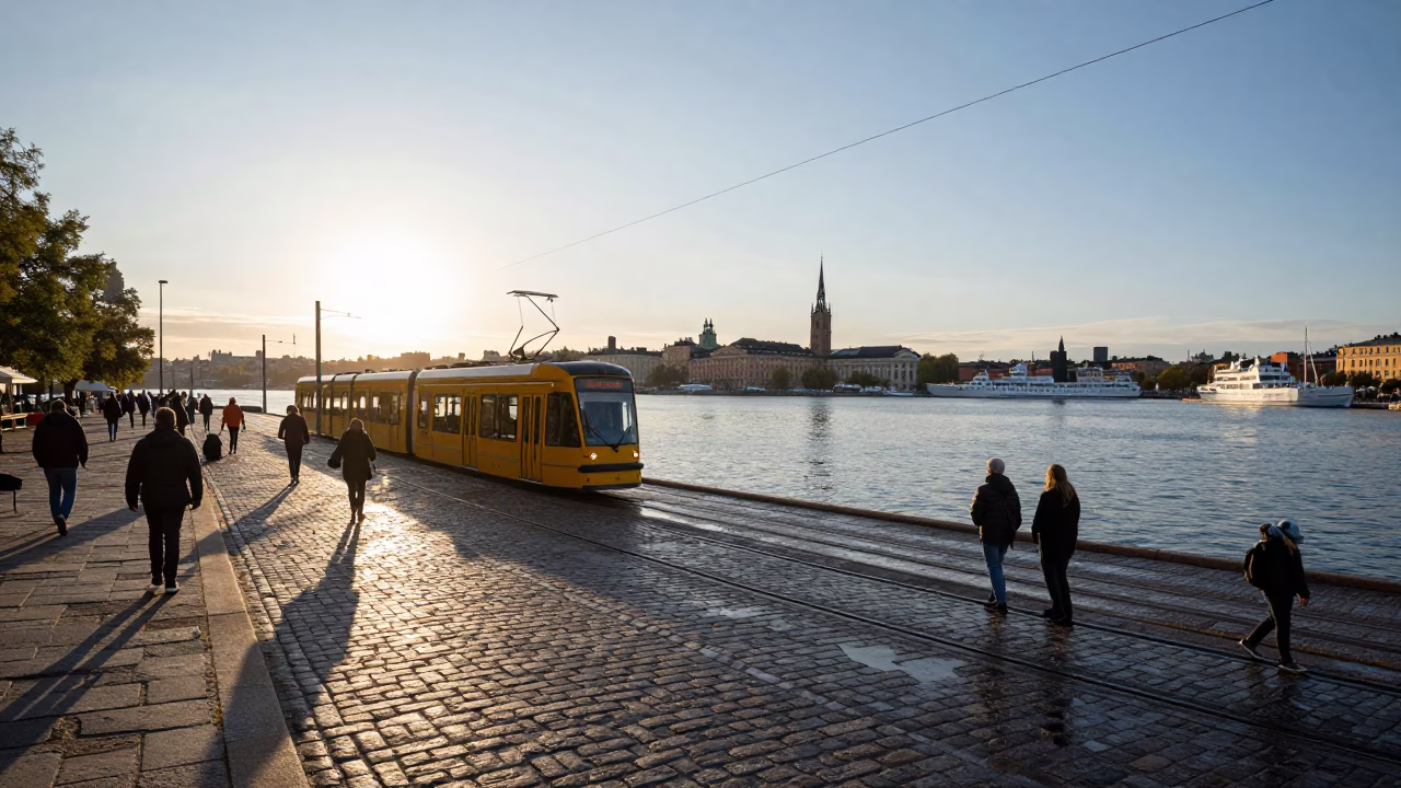 Sunrise Over Stockholm Waterfront With Tram and Boating Activity in in Stockholm, Sweden