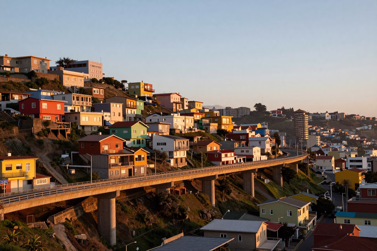 Sunrise over Valparaiso Chile colorful hillside houses and concrete viaduct valley view in in Valparaiso, Chile
