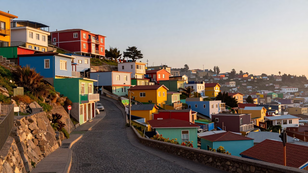 Sunrise Over Valparaiso Chile Colorful Hillside Neighborhoods and Steep Cobblestone Streets in in Valparaiso, Chile
