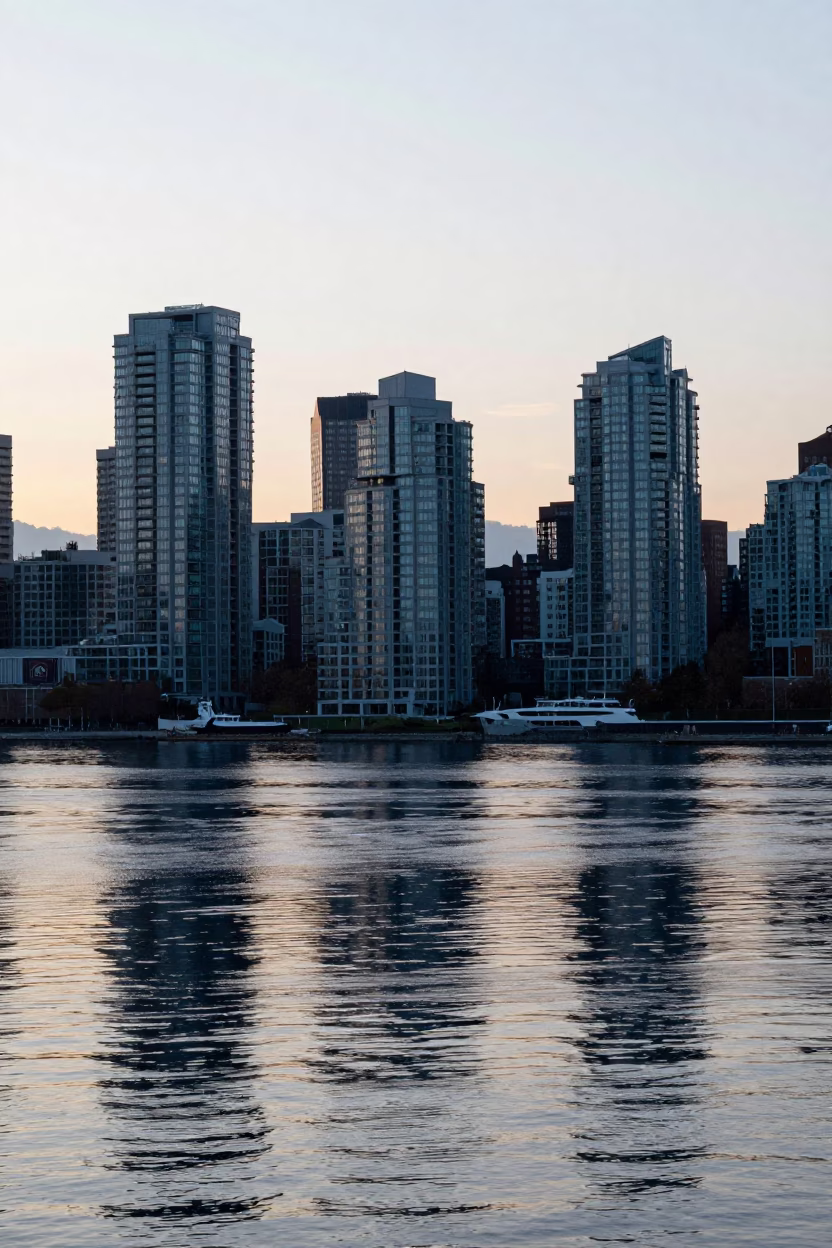 Sunrise over Vancouver British Columbia skyline and harbor water reflections in in Vancouver, British Columbia, Canada
