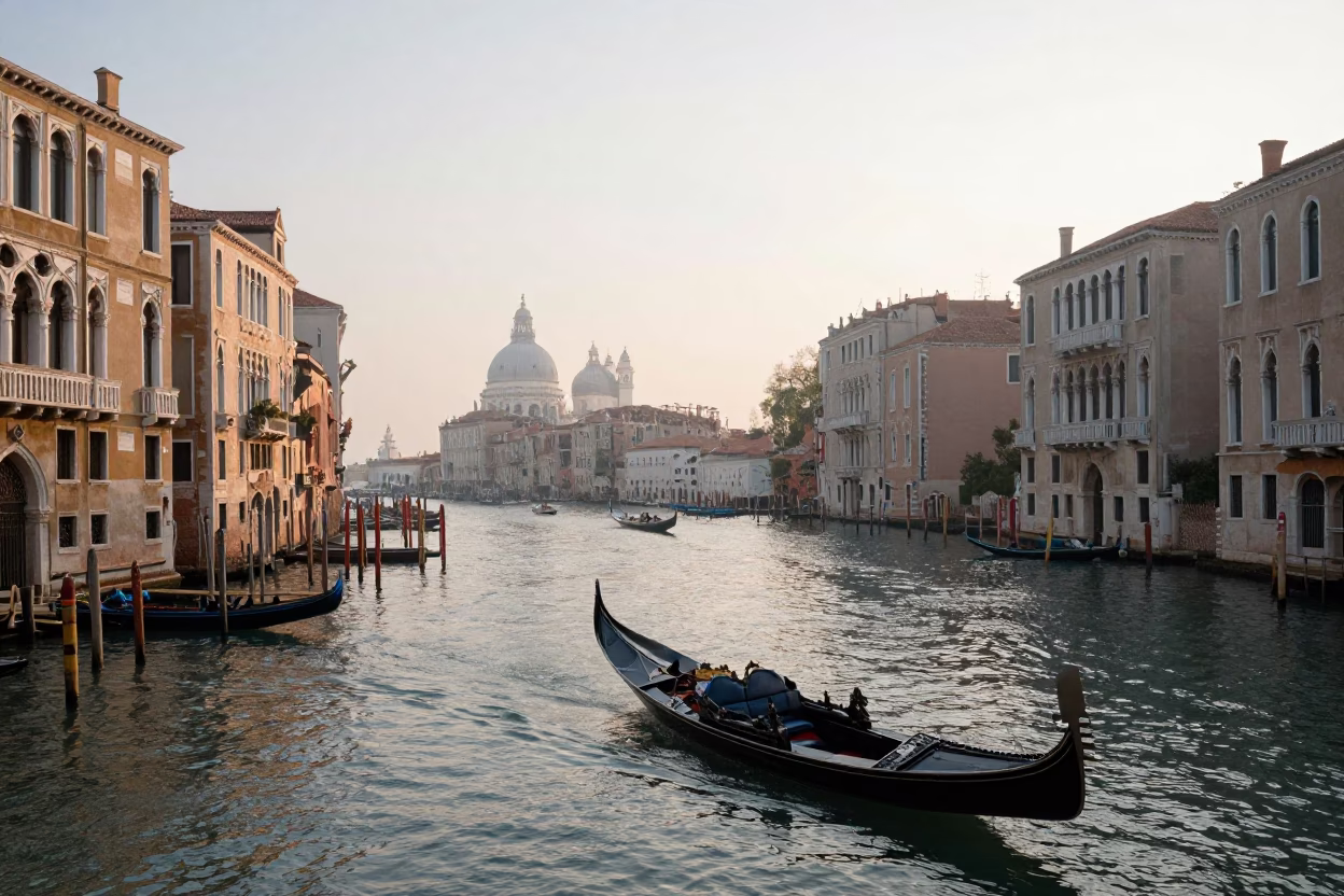 Sunrise over Venice Grand Canal with Gondola and Newspaper Vendor in in Venice, Italy