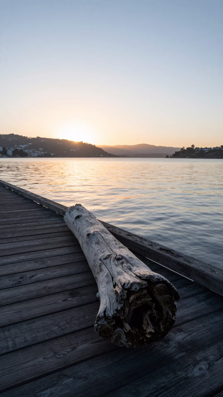 Sunrise over Wellington Harbor with Driftwood on the Wharf in in Wellington, New Zealand