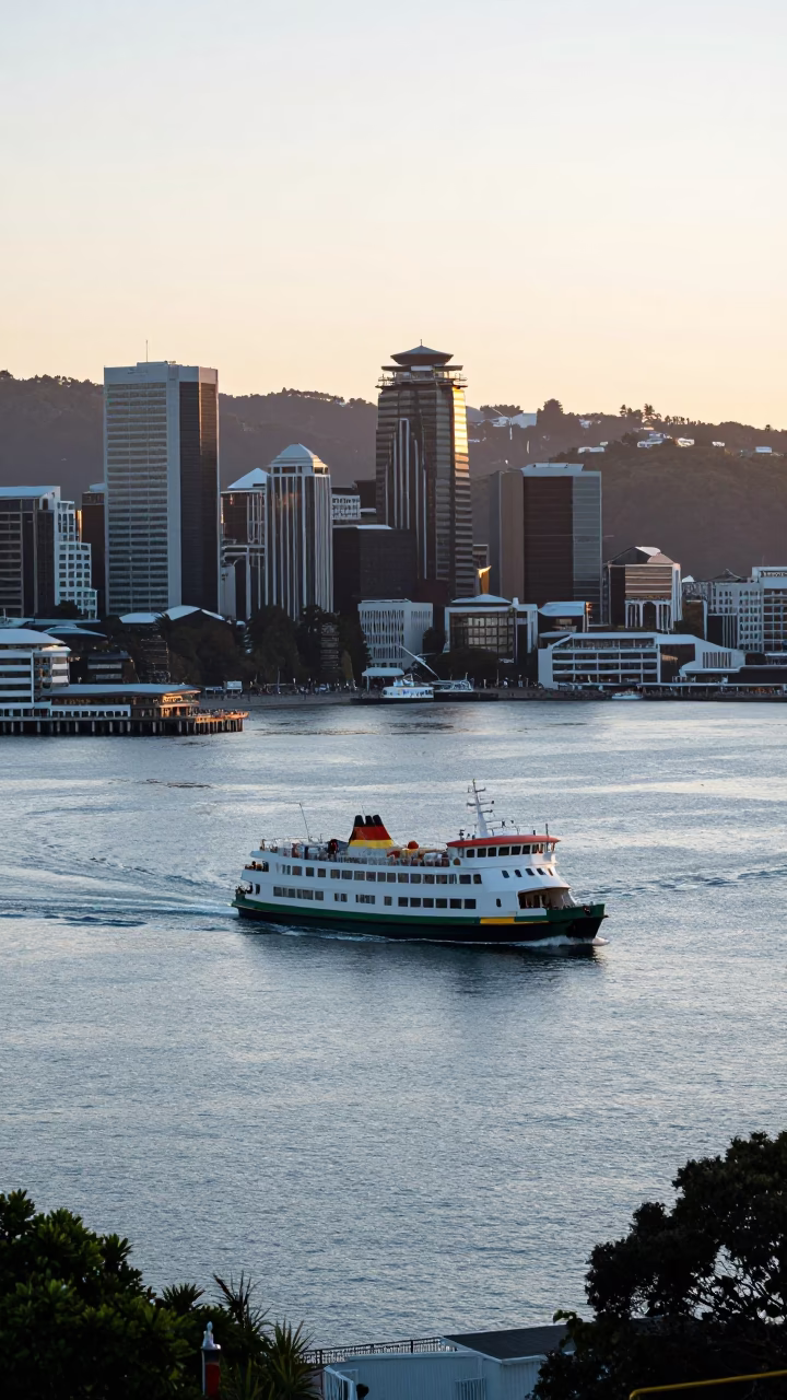 Sunrise over Wellington Harbour with Ferry and City Skyline in in Wellington, New Zealand