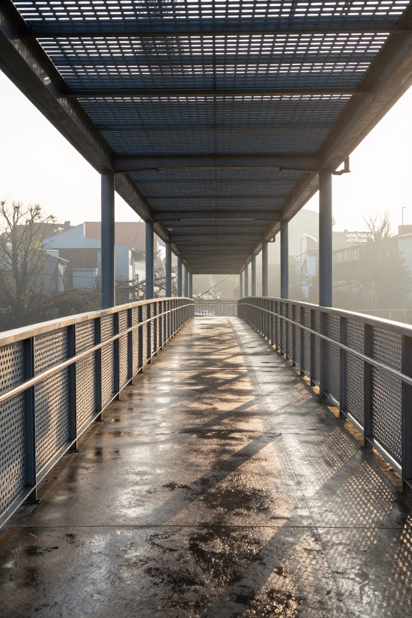 Sunrise Pedestrian Overpass with Perforated Metal and Wet Footsteps in Brussels Belgium in in Brussels, Belgium
