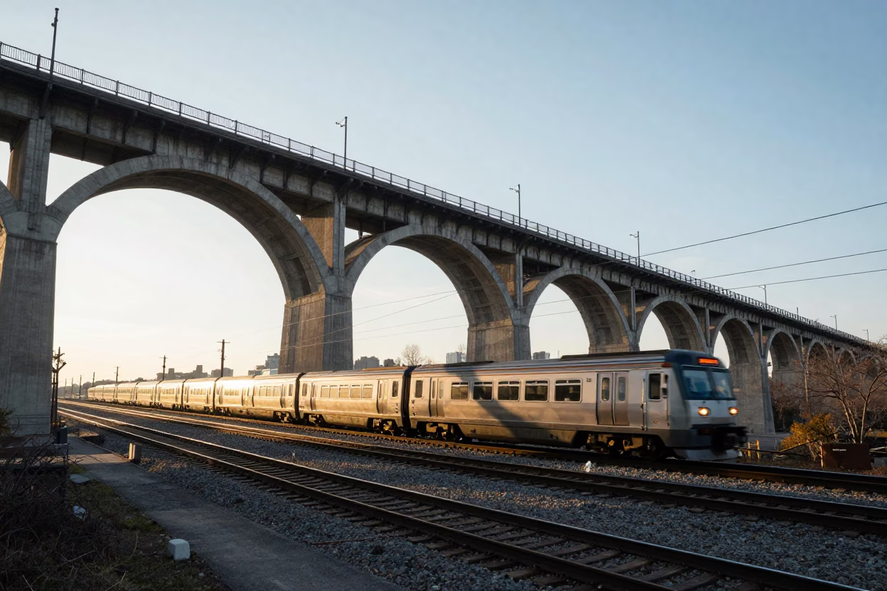 Sunrise Railway Viaduct and Passing Train in Montreal Quebec Canada in in Montreal, Quebec, Canada