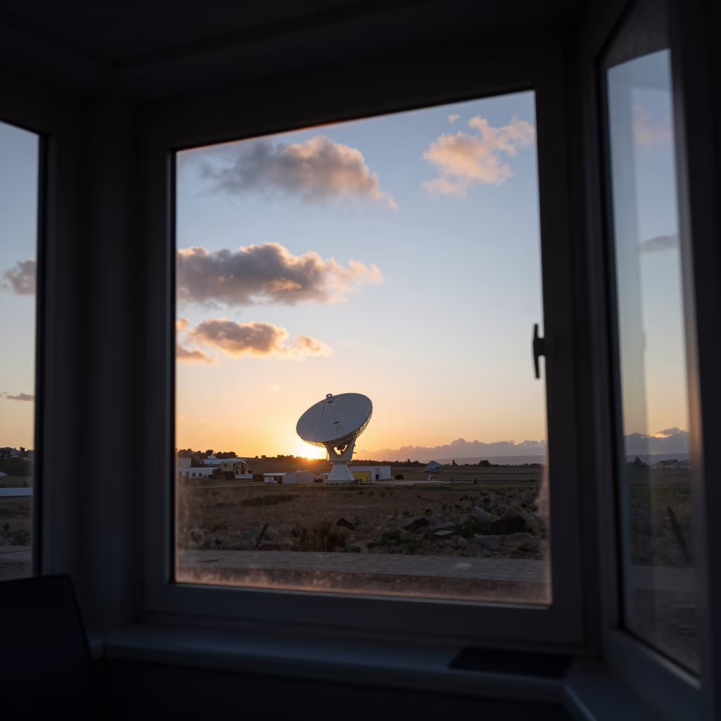 Sunrise Reflection on Tangier Radio Telescope Cabin Window in near a weather balloon launch site in Tangier