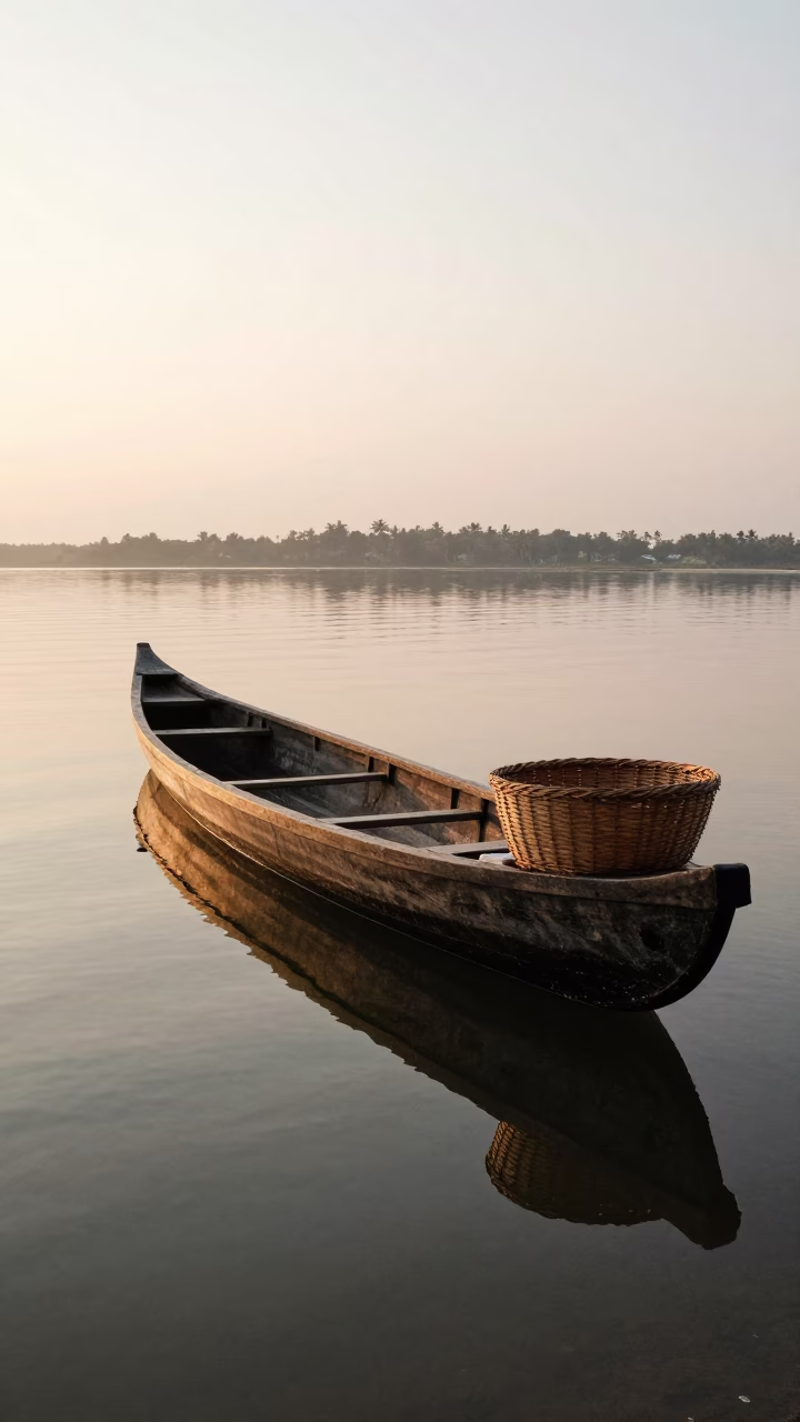 Sunrise Reflections on Backwaters Kochi India Traditional Canoe and Wicker Basket in in Kochi, India