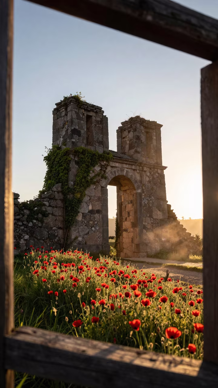 Sunrise Rim Light on Poppy Slope Ruin Gate in beside ivy-draped masonry near Chimbote