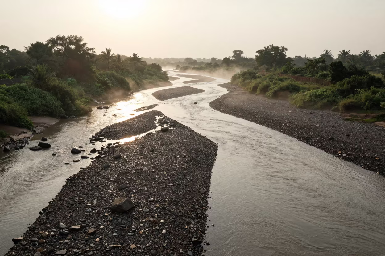 Sunrise River Braiding Through Nigerian Gravel Floodplain in in Nigeria