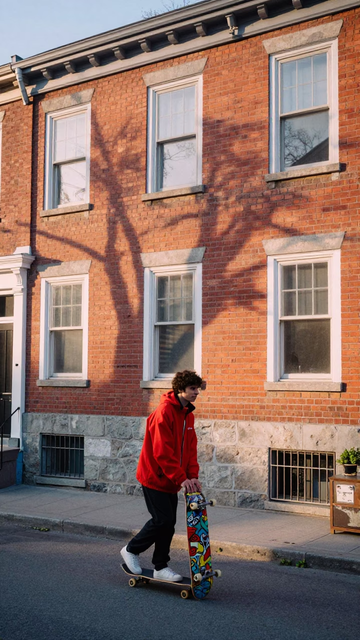 Sunrise Skateboarder on Montreal Plateau Street with Vintage Lockbox and Urban Architecture in in Montreal, Quebec, Canada