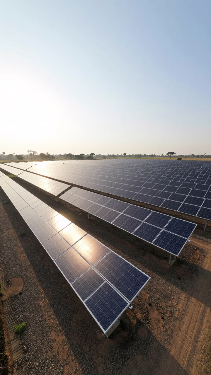 Sunrise Solar Array Glinting Silver Over Johannesburg Gravel and Scrub Landscape in in Johannesburg, South Africa