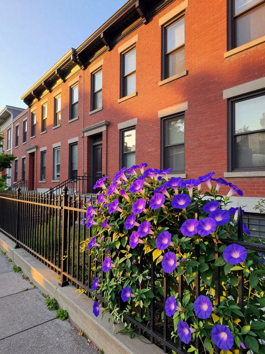 Sunrise Street Photography of Colorful 1950s Toronto Canada Morning Glory Fence in in Toronto, Ontario, Canada