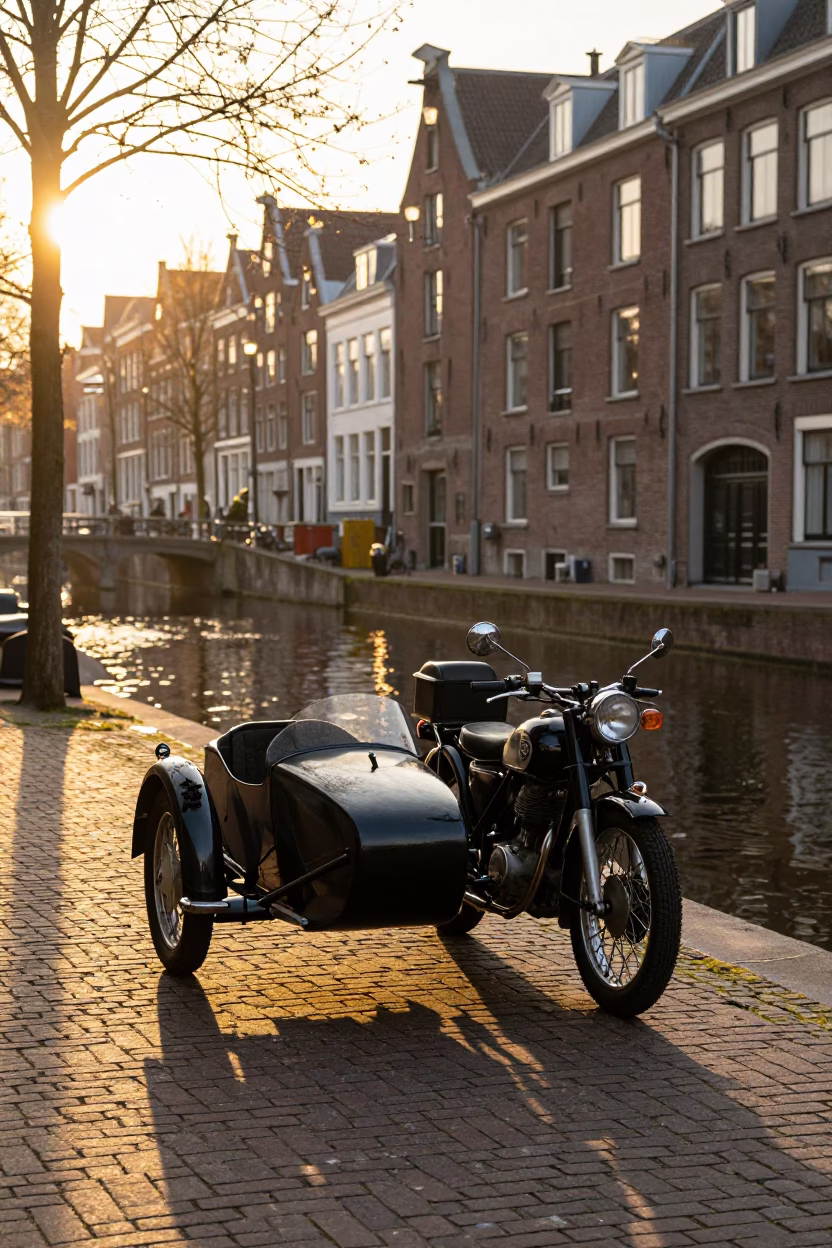 Sunrise Street Scene in Amsterdam Netherlands with Vintage Motorcycle and Sidecar in in Amsterdam, Netherlands