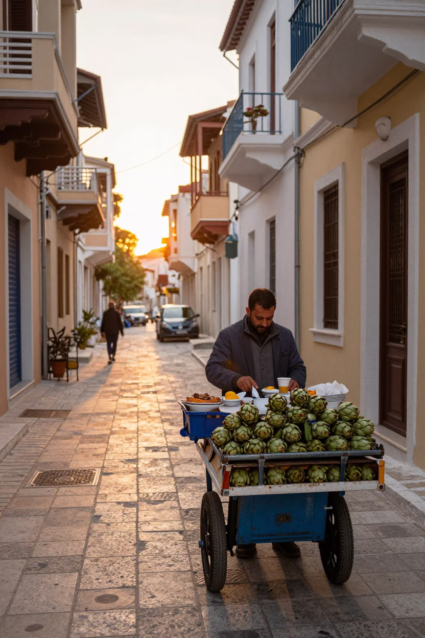 Sunrise street scene in Athens Greece with traditional breakfast and morning light in in Athens, Greece