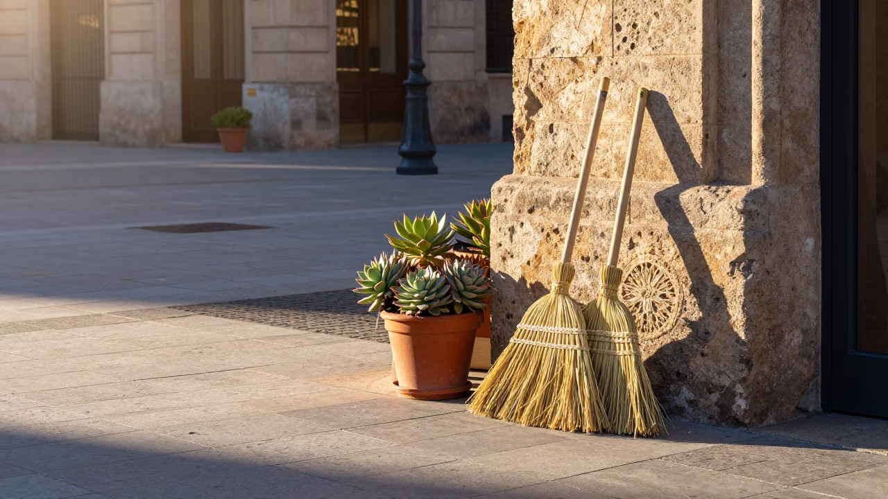 Sunrise Street Scene in Barcelona Spain with Potted Succulents and Brooms in in Barcelona, Spain