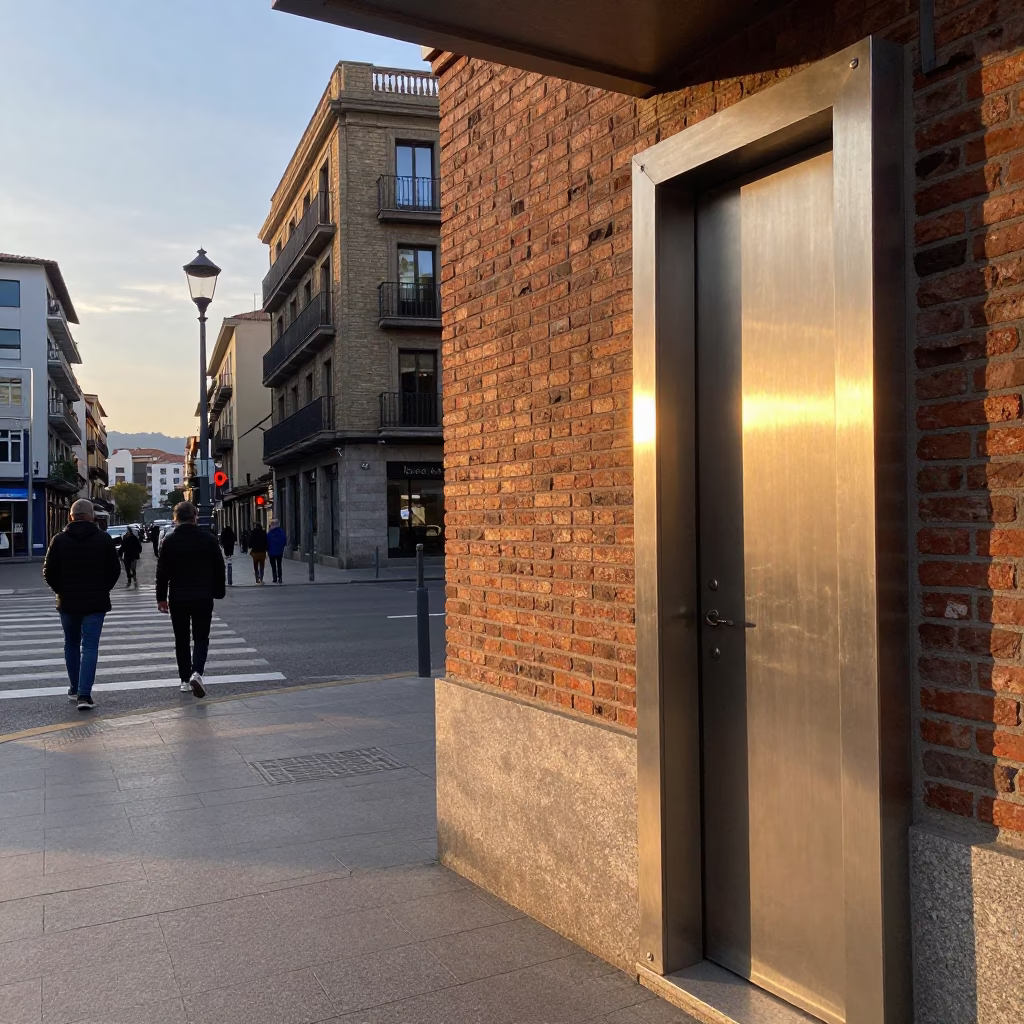 Sunrise Street Scene in Bilbao Spain with Brushed Steel Doorframe and Local Pedestrians in in Bilbao, Spain