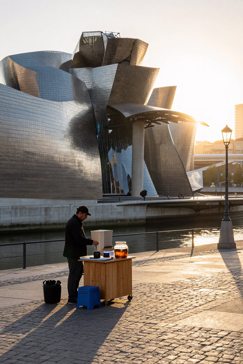 Sunrise Street Scene in Bilbao Spain with Jar and Comb on Wooden Shelf in in Bilbao, Spain
