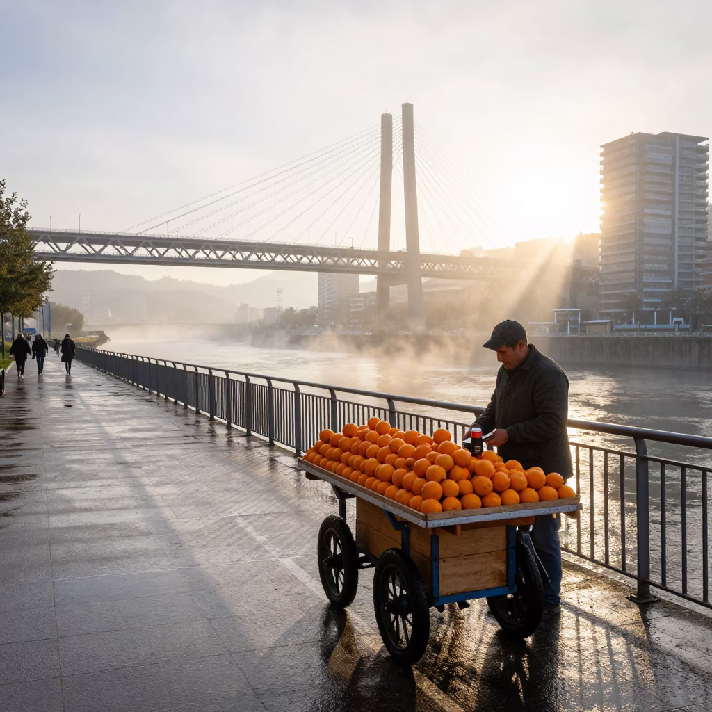 Sunrise Street Scene in Bilbao Spain with Oranges and Thermos in in Bilbao, Spain