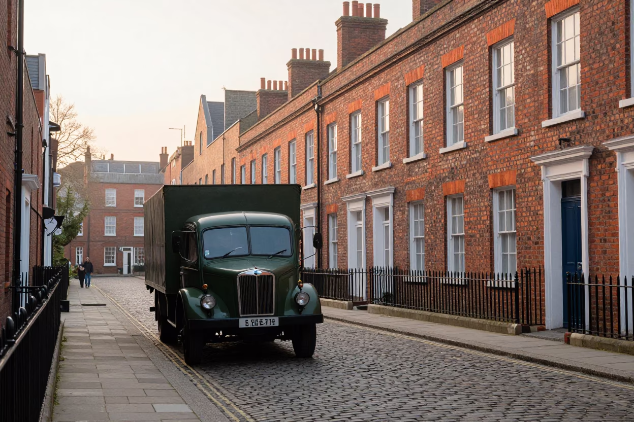 Sunrise Street Scene in Bristol United Kingdom with Vintage Lorry and Cobblestones in in Bristol, United Kingdom