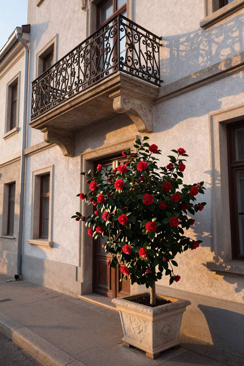 Sunrise Street Scene in Budapest Hungary with Camellia and Vintage Elements in in Budapest, Hungary