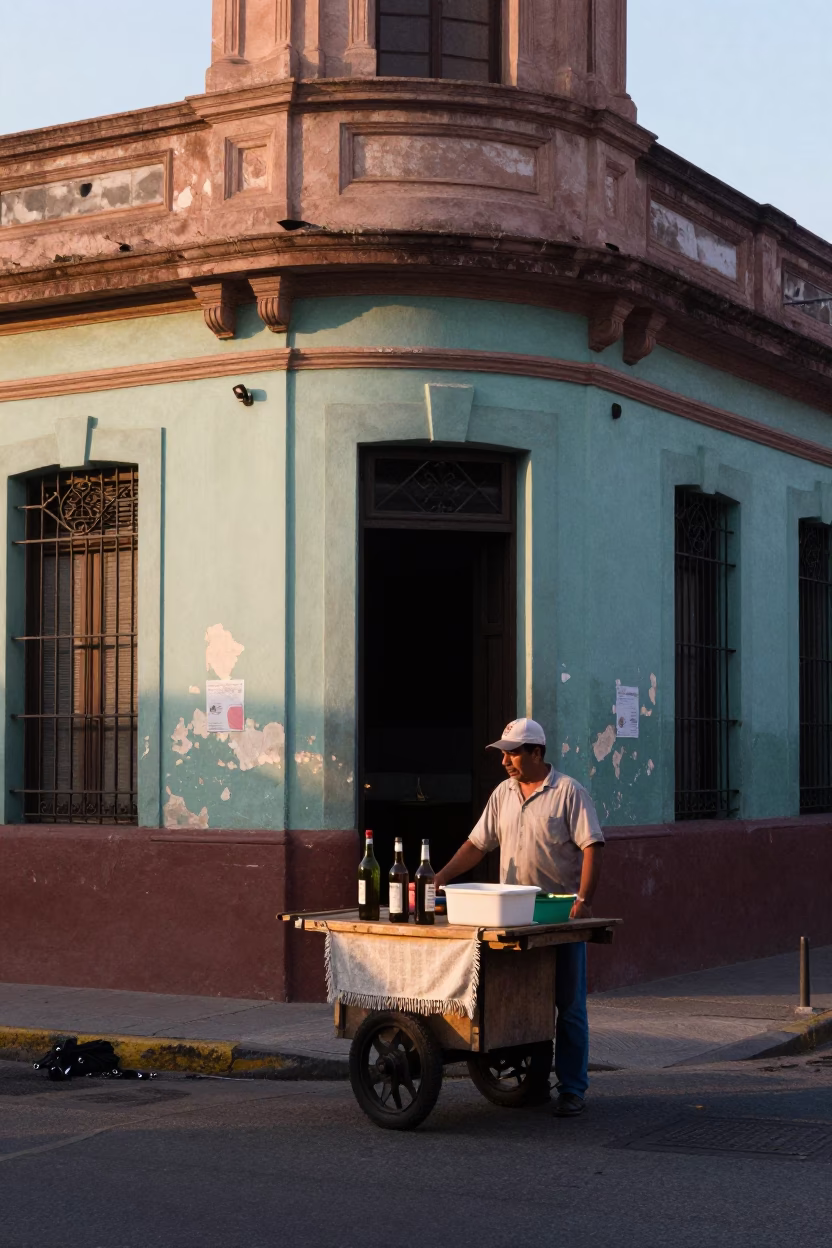 Sunrise Street Scene in Buenos Aires Argentina with Bottle and Linen Fringe Detail in in Buenos Aires, Argentina