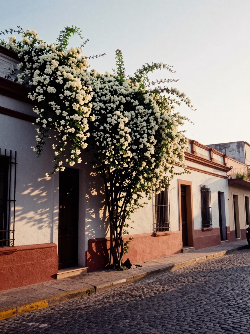 Sunrise Street Scene in Buenos Aires Argentina with Climbing Jasmine and Local Market Activity in in Buenos Aires, Argentina