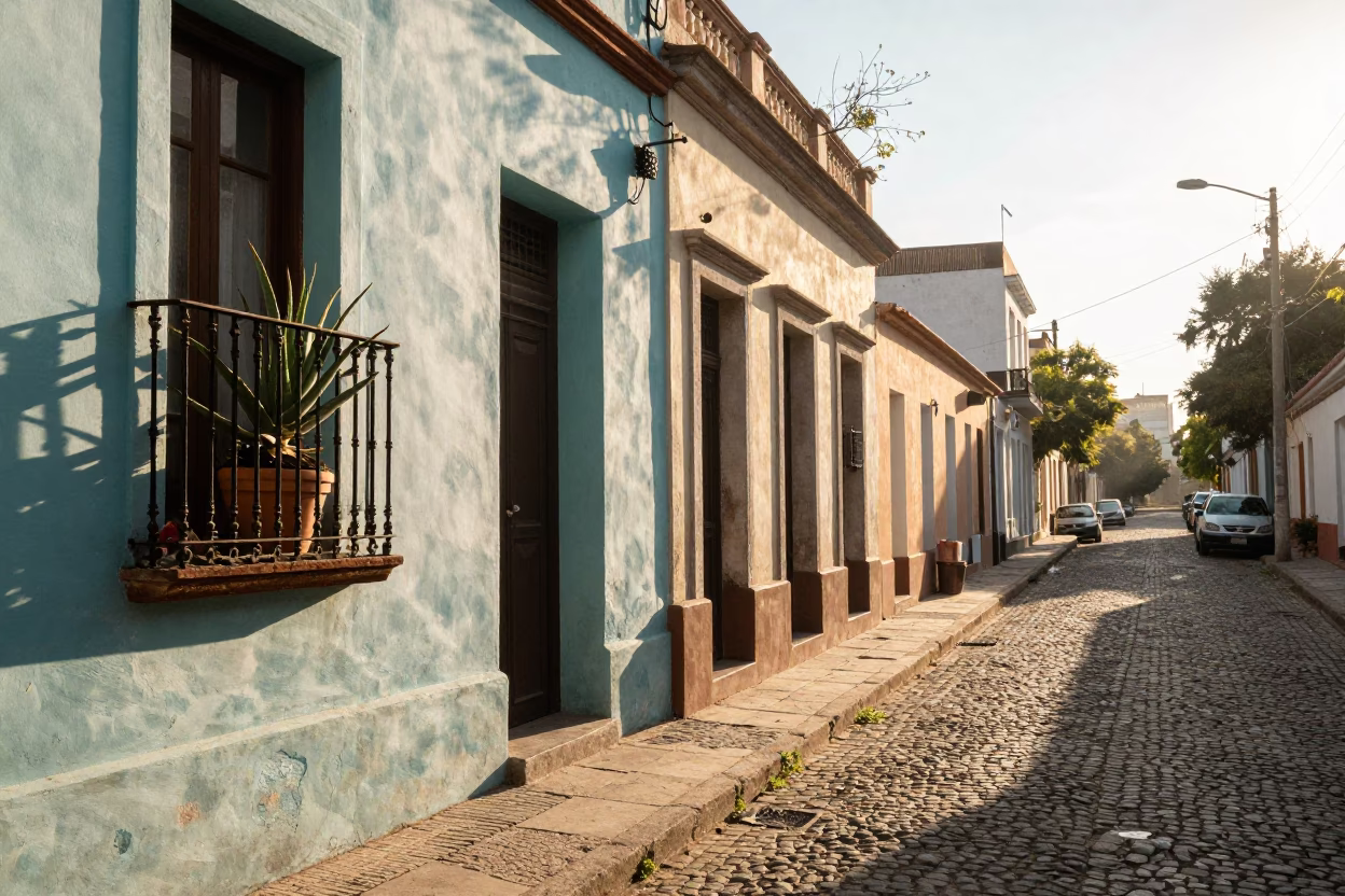 Sunrise Street Scene in Buenos Aires Argentina with Flowerpot and Aloe Vera Plant in in Buenos Aires, Argentina