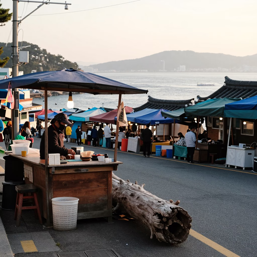Sunrise Street Scene in Busan South Korea with Traditional Market Elements in in Busan, South Korea