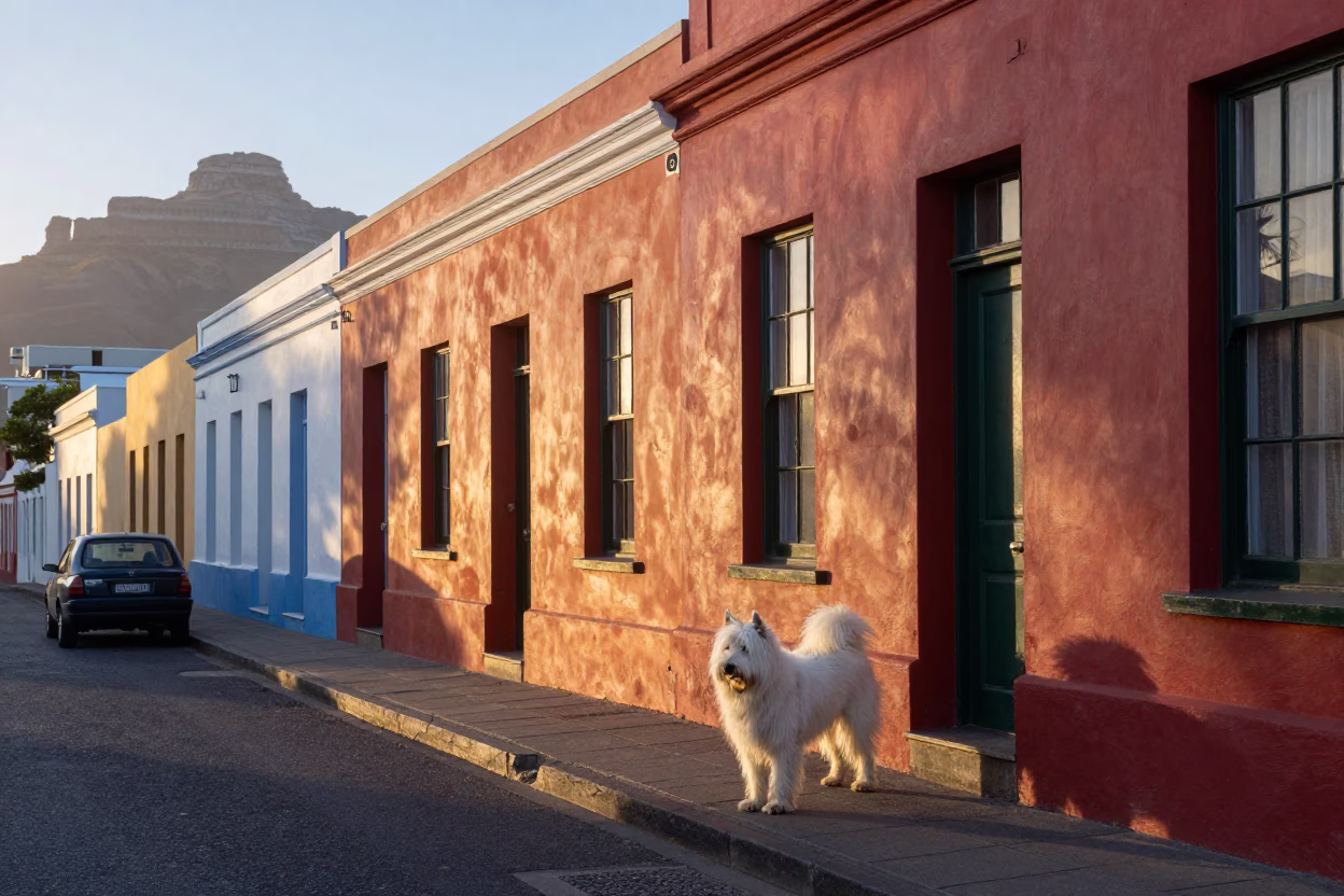 Sunrise street scene in Cape Town South Africa with Portuguese Sheepdog and vintage architecture in in Cape Town, South Africa