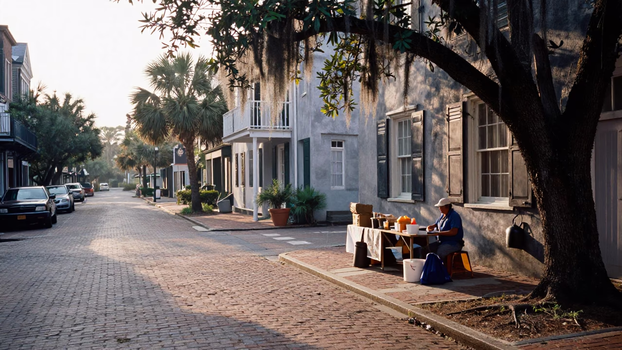 Sunrise Street Scene in Charleston South Carolina with Driftwood and Pot Holders in in Charleston, South Carolina, United States