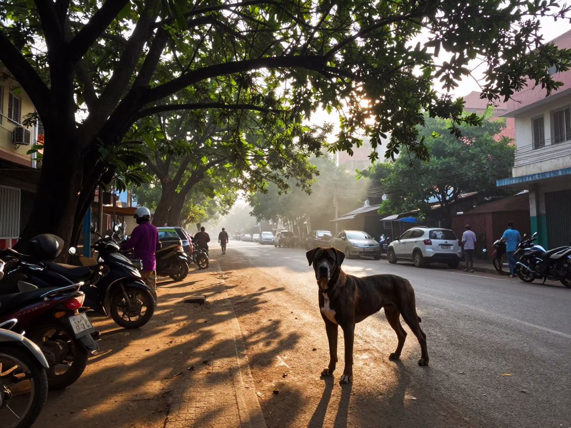 Sunrise Street Scene in Chennai India with Cane Corso and Local Market Activity in in Chennai, India