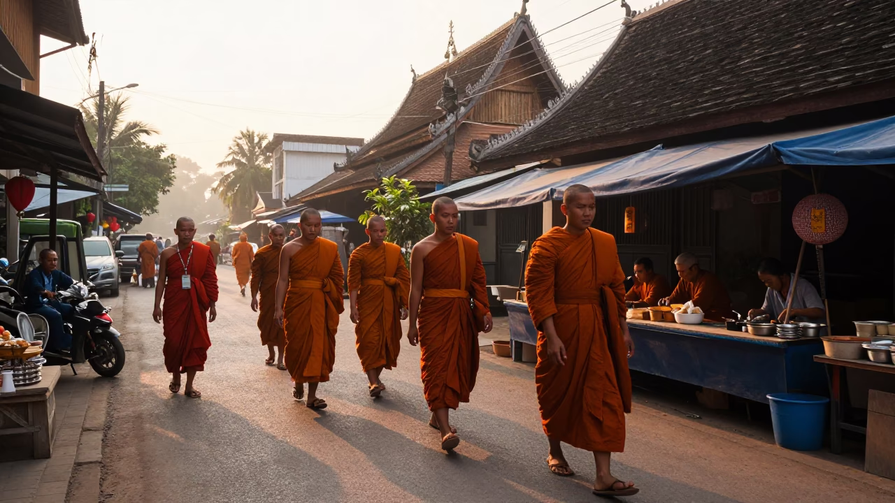 Sunrise Street Scene in Chiang Mai Thailand with Monks and Local Vendors in in Chiang Mai, Thailand