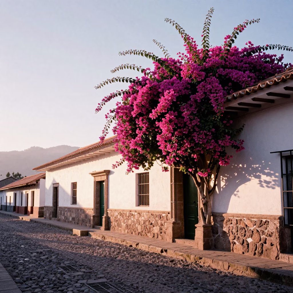 Sunrise Street Scene in Cusco Peru with Bougainvillea and Colonial Architecture in in Cusco, Peru