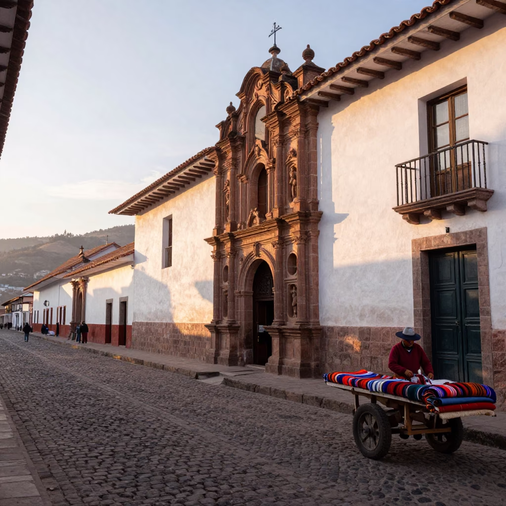 Sunrise Street Scene in Cusco Peru with Colonial Architecture and Local Market Activity in in Cusco, Peru