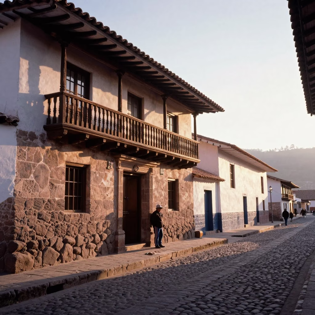 Sunrise street scene in Cusco Peru with colonial architecture and local vendors in in Cusco, Peru