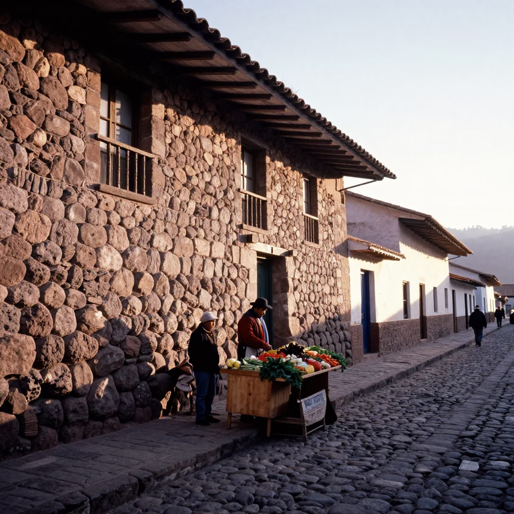 Sunrise Street Scene in Cusco Peru with Stone Walls and Local Market Activity in in Cusco, Peru