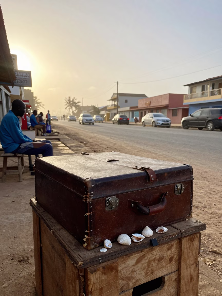 Sunrise Street Scene in Dakar Senegal with Vintage Hatbox and Seashells in in Dakar, Senegal