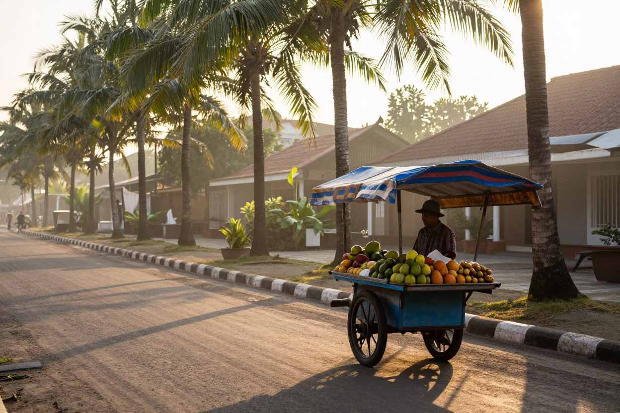 Sunrise street scene in Denpasar Indonesia with local vendor and morning light in in Denpasar, Indonesia