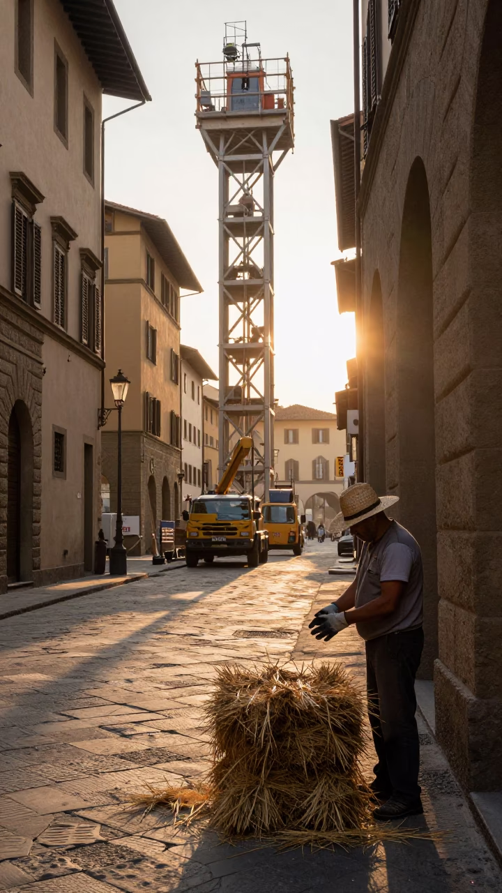 Sunrise Street Scene in Florence Italy with Construction Elevator and Straw Hat in in Florence, Italy