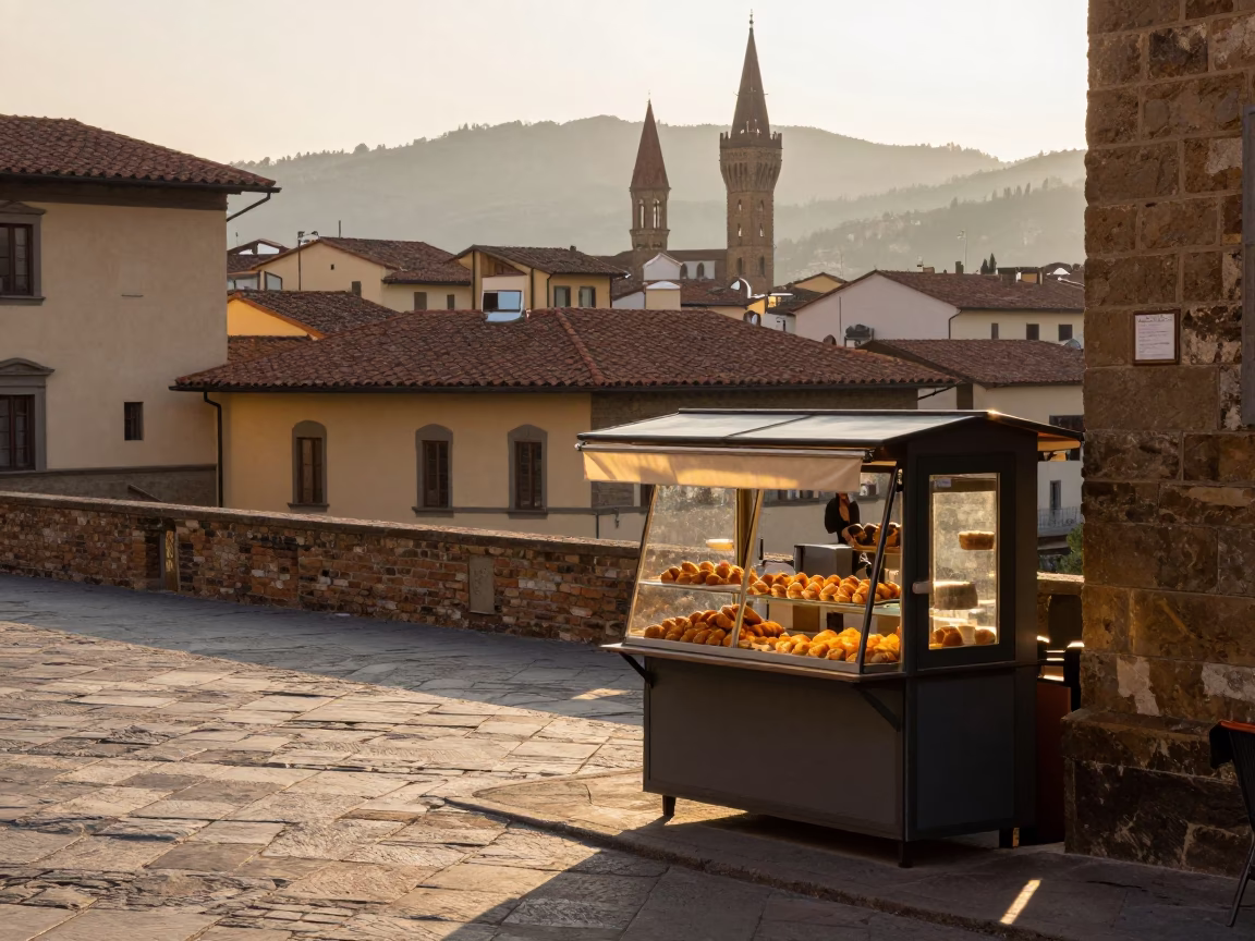 Sunrise Street Scene in Florence Italy with Fresh Pastries and Local Morning Activity in in Florence, Italy