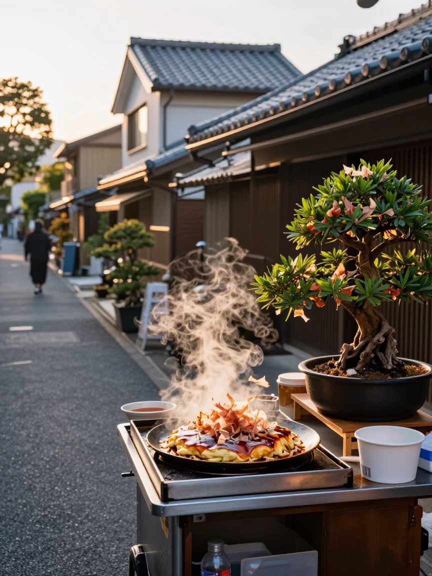 Sunrise Street Scene in Fukuoka Japan with Okonomiyaki and Bonsai in in Fukuoka, Japan