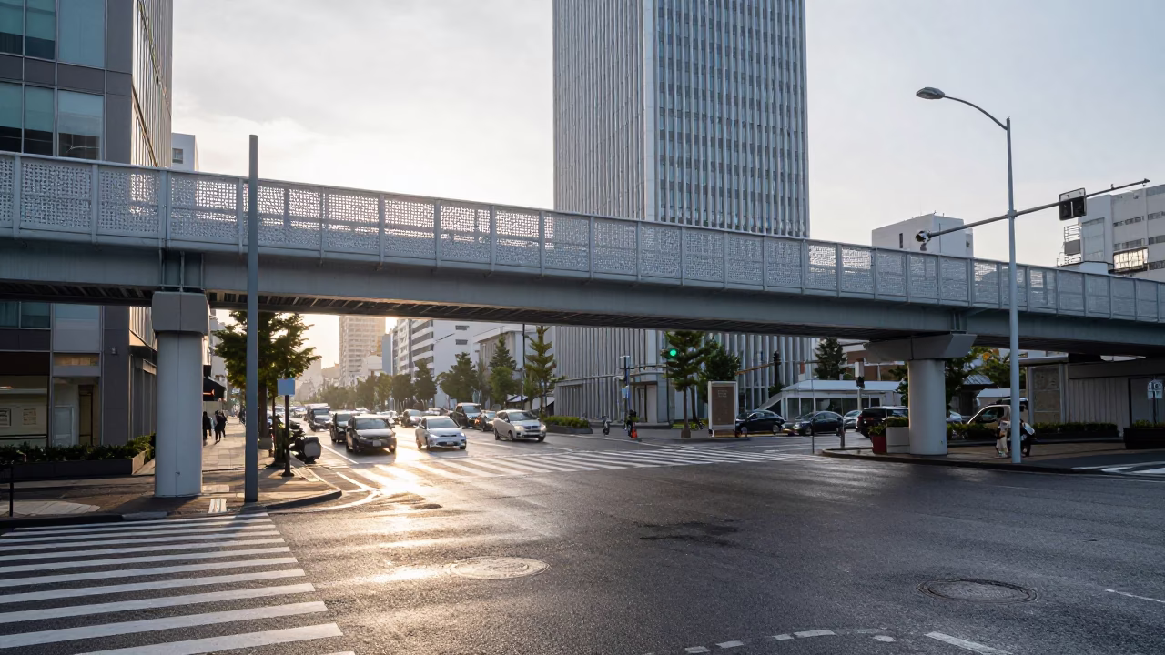 Sunrise Street Scene in Fukuoka Japan with Pedestrian Overpass and Wet Footsteps in in Fukuoka, Japan