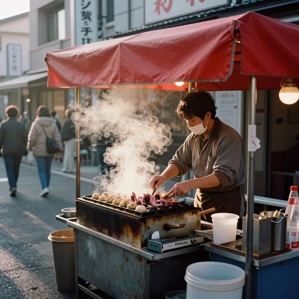 Sunrise Street Scene in Fukuoka Japan with Takoyaki Vendor and Red Lacquered Wood in in Fukuoka, Japan