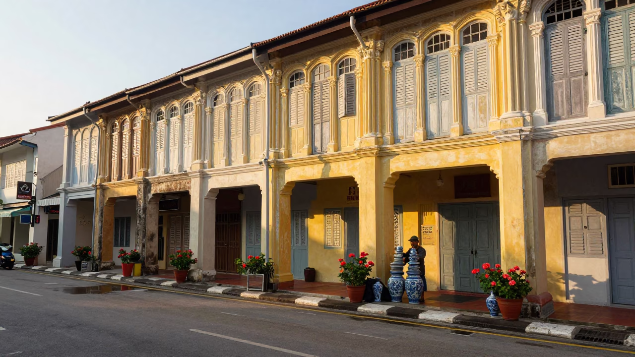Sunrise Street Scene in George Town Malaysia with Blue Porcelain and Geraniums in in George Town, Malaysia