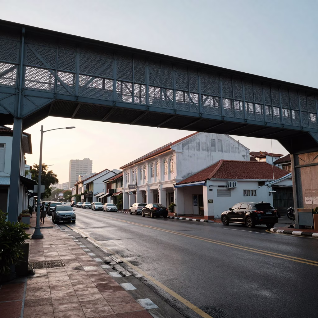 Sunrise Street Scene in George Town Malaysia with Perforated Metal Pedestrian Overpass in in George Town, Malaysia