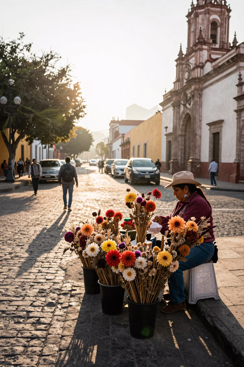 Sunrise Street Scene in Guadalajara Mexico with Dried Dahlia Bouquets and Rustic Wall Hooks in in Guadalajara, Mexico