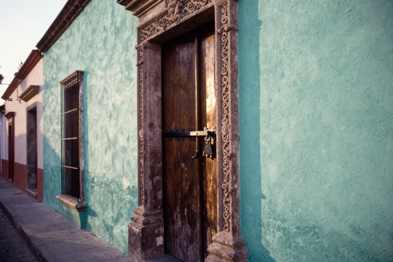 Sunrise Street Scene in Guadalajara Mexico with Iron Deadbolt and Mint Leaves in in Guadalajara, Mexico