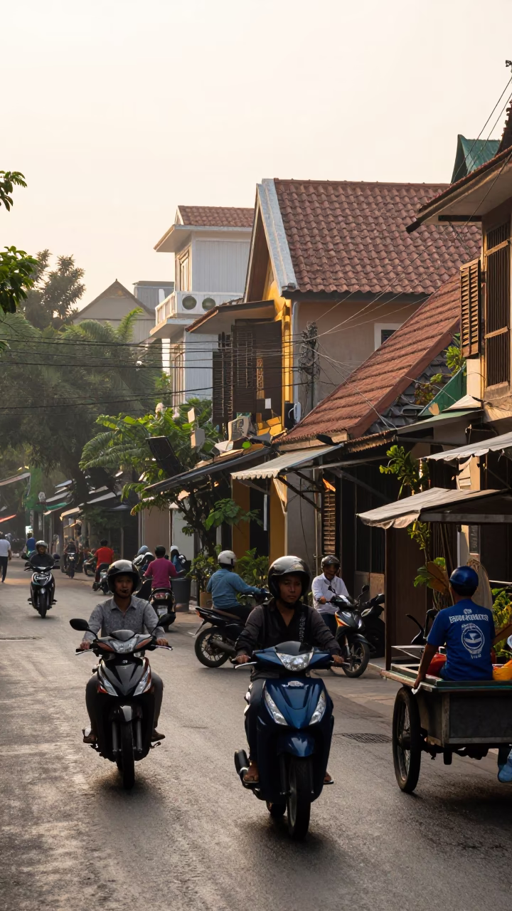 Sunrise Street Scene in Hanoi Vietnam with Motorbikes and Early Morning Activity in in Hanoi, Vietnam