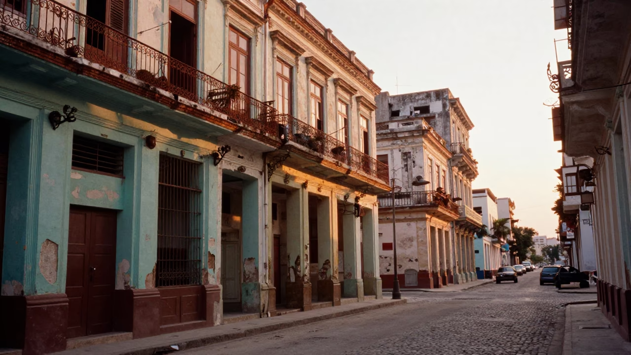 Sunrise Street Scene in Havana Cuba with Weathered Architecture and Daily Life in in Havana, Cuba